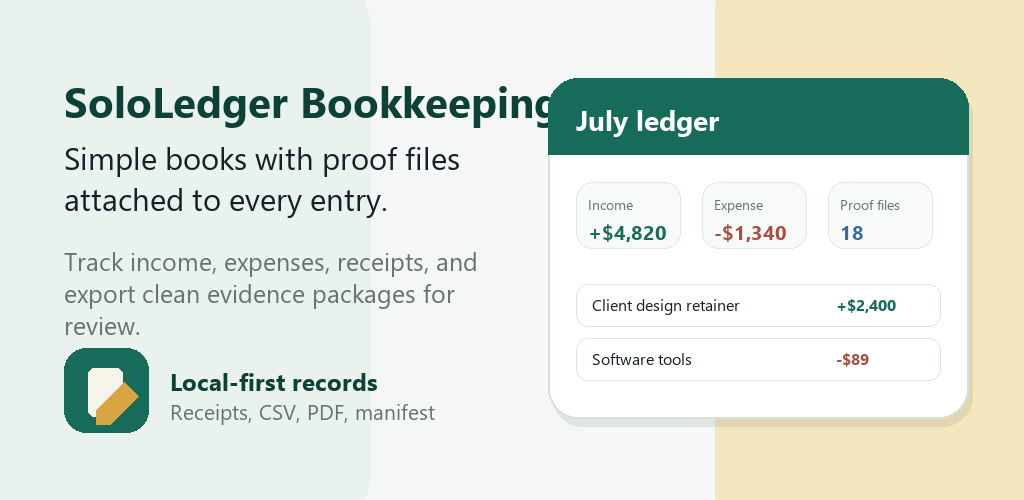 SoloLedger Bookkeeping overview showing local-first bookkeeping with proof files and exports.